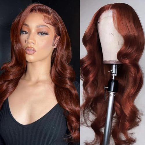 DÉBUT Rötlichbraune Body Wave Lace Front Perücke Echthaar 4×4 Lace Front Perücken für Frauen HD Lace Front Perücke Echthaar 180% Dichte Vorgezupft mit Babyhaar Kleberlose Perücken(35 cm, 33A)