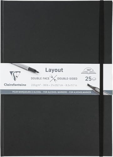 Clairefontaine 975343C - Doppelseitiges Layout-Skizzenbuch, 25 Blatt DIN A4 220g, für Alkoholmarker, Tusche und Line-Art konzipiert, Schwarz, 1 Stück