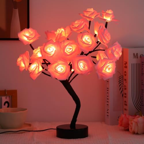 Lampada a LED a forma di albero di rosa, lampada da tavolo a forma di albero di rosa, alimentata a USB/a batteria, per camera da letto, soggiorno, feste, matrimoni, San Valentino, decorazione (rosa)
