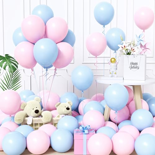 Unisun Luftballons Blau und Rosa, 60Stück 12Zoll Ballons Pastell Macaron Baby Blau Rosa Latex Luftballon Jungen Mädchen Kind Gender Reveal Taufe Babyparty Geburtstag Hochzeit Jubiläum Verlobung Deko