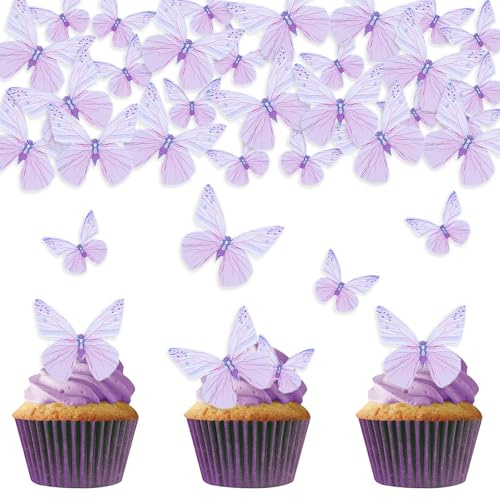 DazzJoy 72 Stück Schmetterlinge Tortendeko Essbar,Essbare Schmetterling Deko Torte,Lila Schmetterling Essbare Tortendeko,Kuchen Deko Schmetterlinge Esspapier,Lila Essbar für Torte Hochzeit Geburtstag