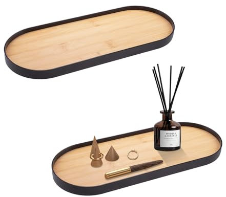 Rongxze 2 Stücke Badezimmertablett aus Holz, Holz Ovale Holztabletts, Deko Tablett im Mini Badezimmer für Desserts, Lippenstifte, Parfüme, Kosmetika, Schmuck, Kleinigkeiten (Schwarz)