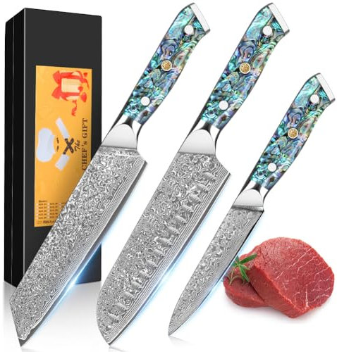 BILLION DUO Damastmesser-Set, Damast Kochmesser Profi Messer, 3-Teilig Scharfes Küchenmesser Messer aus Kiritsuke chefmesser, Santokumesser,Allzweckmesser mit Kunstharz &Perlmuttplatten Handgriff