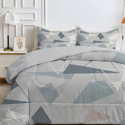 Qiwagu Couette 4 Saisons 240x260 cm Gris, Couette Imprimée Gris Géométrique pour lit 2 Personnes, Réversible, Lavable en Machine, Légère 200GSM avec 2 Taies d'oreiller