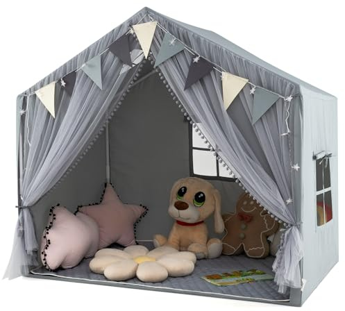 COSTWAY Kids Play Tent, Large Children Playhouse with Star Lights, Flag Banner, Cotton Mat and Windows, Indoor Castle Fairy Tents for Boys & Girls (Grey)