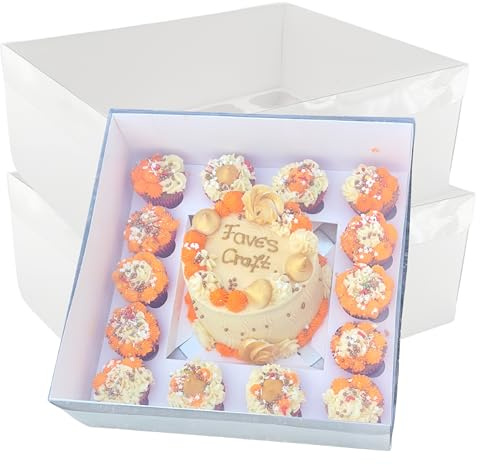 FAVES' CRAFT N MORE 15 Hole Bento Cake Box Cupcake and Cake Box Set, 14 Cupcake Holes, 8 inch Wide Cake Hole, Square White, Clear Lid For Carrying and Packaging Birthday Cakes, Christmas (5)