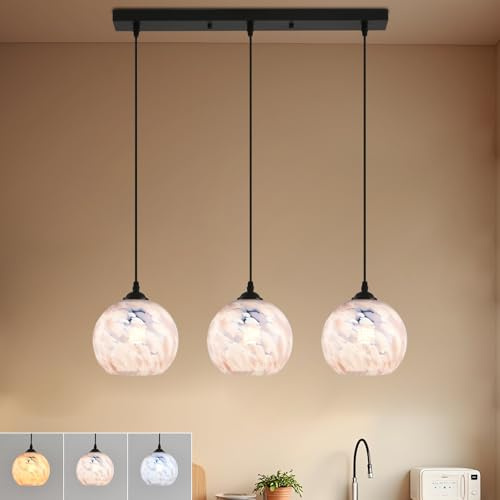 JHYPVII Glas Pendelleuchte Esstisch 3 Flammig Rosa, Dimmbar 3000K-6500K Hängelampe für Esstisch Höhenverstellbar, E27 Rosa Esstischlampe Hängend Glaskugel Hängelampe Wohnzimmer für Küche