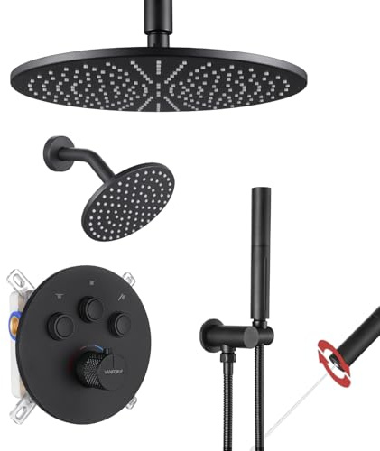 VANFOXLE Shower Faucet Set Matte Black Shower System,Push Button Diverter Shower Faucet with 2 in 1 Handheld, Wall Mount 12 Inch Shower Head with 6 Inch Shower Head