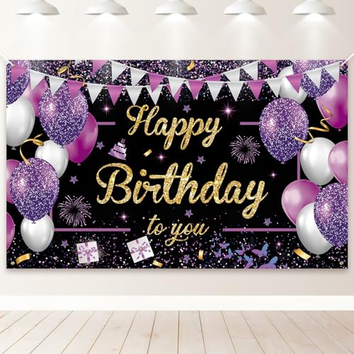 PartyYaa Geburtstag Banner, Happy Birthday Banner Deko, Extra Großes Geburtstag Party Fotoautomaten Hintergrund Dekoration Schild Poster für Männer und Frauen (Schwarz Lila)