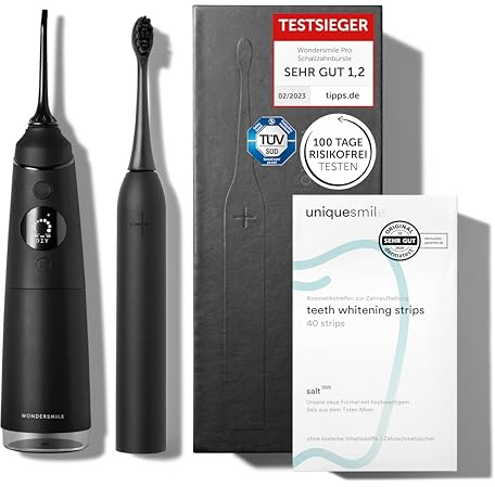 Uniquesmile Zahnaufhellung Whitening Strips Bundle mit Schallzahnbürste & Munddusche- Testsieger 2024-100 Tage risikofrei testen (40 Stück/Ultimate Black)
