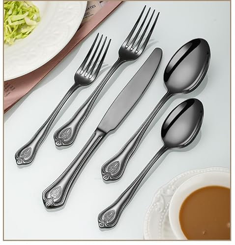 MMRTDJDR Cubiertos de Cubiertos de Cubiertos, Juego de Cubiertos con Cuchillo de bistec Grueso Cuchillo de Cuchillo Cuchara de Horquilla (Negro 50 Piezas para 10)