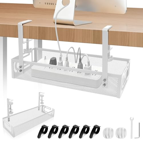 Desk Cable Tray, No Drilling Cable Basket Under Desk Cable Management Tray, Standing Desk Cable Tidy, Metal Mesh Cord Wire Organiser, White, 1 Pack