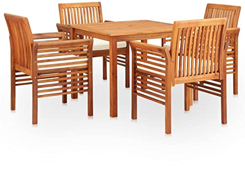 IKAYAA Gartenmöbel Set Holz, Sitzgruppe Garten, Holz Essgruppe 4 Personen, Gartenmöbel Set 4 Stühle mit Tisch, Wetterfest Akazie Sitzgarnitur mit Auflagen Creme