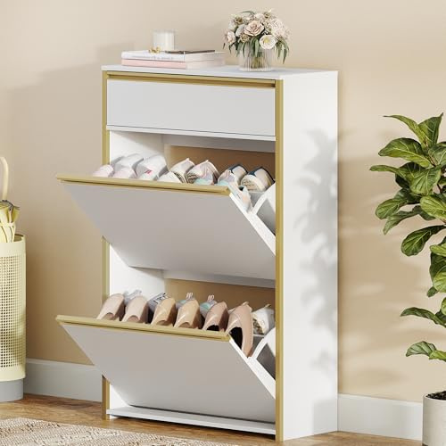HEXCELEN Schuhschrank mit 2 Klapptüren, 60 x 24 x 104,5 cm, Weiß-Gold | Schuhkipper, Schuhregal mit Schublade, Schmaler Schuhkommode mit 4 Ablageflächen, Verstellbar, für Flure, Eingang