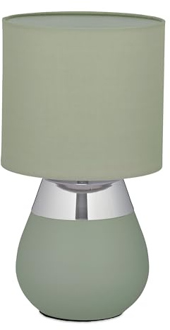 Relaxdays Tischlampe, Metallfuß, Stoffschirm, E14, HxD: 32 x 18 cm, Nachttischlampe mit Kabel, Schlafzimmer, grün/Silber