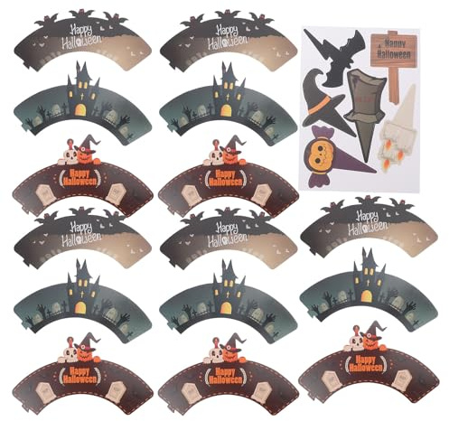 Veemoon Décorations Cupcakes Halloween 48 Pièces – Caissettes en Papier et Pics à Gâteaux Citrouille Fantôme Chauve-Souris et Squelette – Emballages et Décorations Effrayantes pour