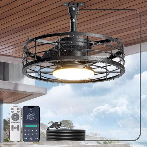 Phylluz Outdoor Ceiling Fan with Lights - 16'' Wet Rated Gazebo Fan Remote/APP Control, Caged Hanging Fan Plug and Play for Covered Patio Porch, Black