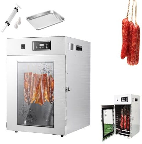 Food Dehydrator and Biltong Box, 800W Stainless Steel Cabinet with 360° Rotary Design, 14 Hooks, Digital Control for Jerky Making