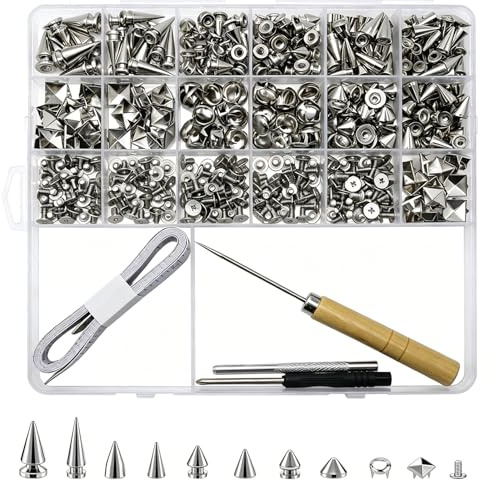 PWGHWG 456 Stück Ziernieten Set, Silber Metall Punk Studs, Kegel Spike Nieten, Quadratische Nieten und Nieten Rund mit Installationswerkzeugen für Kleidung Schuhe Taschen Lederband Hüte
