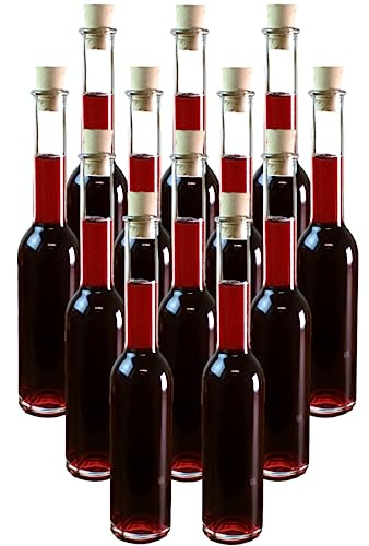 gouveo 12er Set Glasflasche 200 ml (0,20 l) Glasflasche 200 ml Sinfonie mit Spitzkorken aus Kork, schlanke Klarglasflaschen zum Abfüllen von Likör, Sirup, Öl & Essig, Deko (SIF200SK)