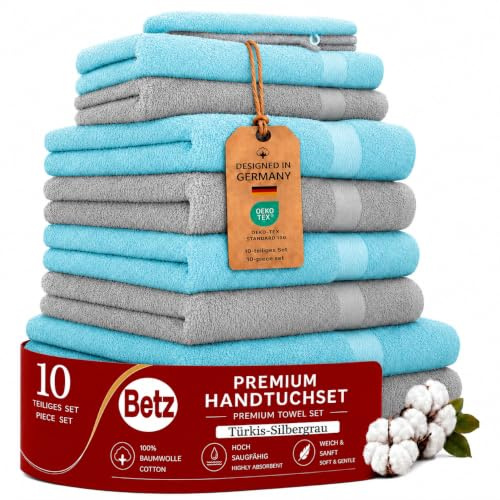 Betz Premium Handtuch-Set 10-teilig – 100% Baumwolle – Oeko-TEX® Zertifiziert – saugfähig&weich – 470g/m² – Duschtücher, Handtücher, Gästetücher & Waschhandschuhe – Farbe türkis und Silbergrau