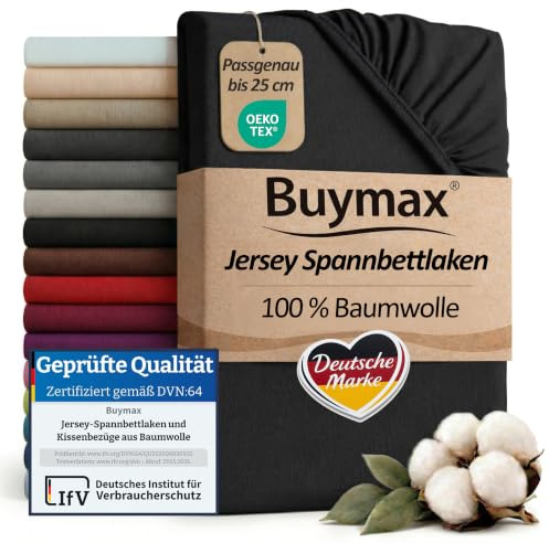 Buymax Spannbettlaken 200x200cm Baumwolle 100% Spannbetttuch Bettlaken Jersey, Matratzenhöhe bis 25 cm, Farbe Schwarz