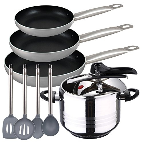 San Ignacio Premium - Set de Olla a presión 7 L SIP Duna + Set 3 sartenes Proffesional Chef Platinum 22/26/30 + Set 4 Utensilios SIP