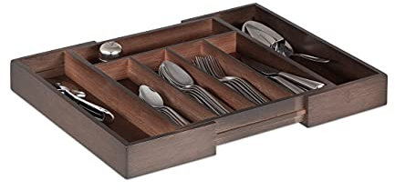 Relaxdays Cubertero Extensible, Bambú, Marrón Oscuro, 5,5 x 48,5 x 37 cm