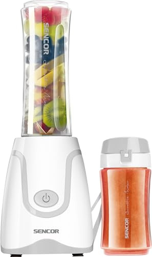 Sencor Ultra-leistungsstarker Smoothie Maker 500W, 2 Tritan-Flaschen 0,6L & 0,3L BPA-frei, Titan Anti-Oxidations-Klingen - Der leistungsstärkste Mini Blender, Ideal für Smoothies, Suppen & mehr - Weiß