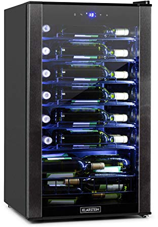 Klarstein Vinomatica nevera para vinos - capacidad para 36 botellas, 95 litros, temperaturas: 4-18 °C, clase G, panel táctil, 6 estantes de presentación, iluminación interior LED, aislado, negro