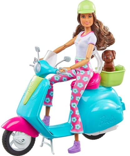 Barbie Fashionistas - Muñeca y scooter, juego de viaje con calcomanías, cachorro de mascota y accesorios temáticos como mapa y cámara (exclusivo de Amazon)