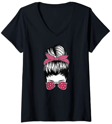 Damen Messy Bun Retro Rockabilly Girl T-Shirt mit V-Ausschnitt
