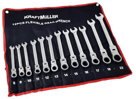 Jeu de clés à cliquet Kraft Müller KM-12PCS-FLEX avec Etui transport, 12 pièces Cles, Flexible, articulées, 8 à 22mm, Mécanicien