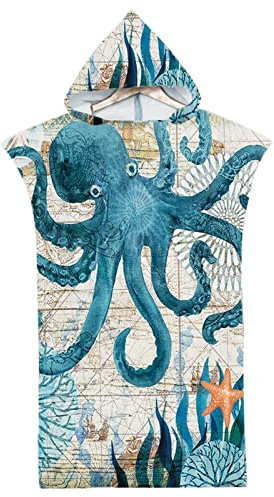 Toalla de playa de microfibra, toalla de playa con capucha, con estampado de animales marinos, toalla de mano poncho de secado rápido, albornoz para adultos y niños (H2-75 x 65 cm)