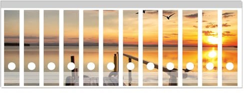 Wallario Ordnerrücken Sticker Sonnenuntergang über dem See idyllischer Steg - Rückenschilder für 12 breite Ordner, Klebeetiketten