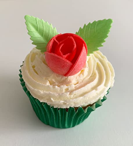 12 Pretty Red Wafer Roses & 24 Wafer Leaves- Edible & Unique!