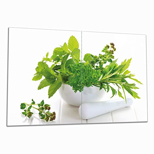 Wallario Herdabdeckplatte/Spritzschutz aus Glas, 2-teilig, 80x52cm mit 8 mm hohen Füßen, für Ceran- und Induktionsherde, Welt der Kräuter - Verschiedene Kräuter in einem weißen Mörser