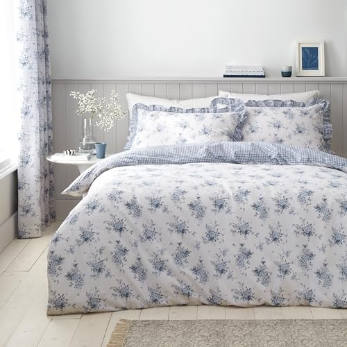 Catherine Lansfield Lucie Floral Frill Reversible King Duvet Cover Set with Pillowcases White Blue