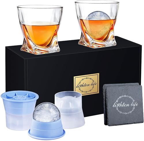LIGHTEN LIFE Whiskey Glass Set-(2 Whisky Tumbler,2 Ice Molds & 2 Coasters in Gift Box,Non-Lead Old Fashioned Glass for Bourbon Scotch,Whiskey Rock Glasses with Ice Mold Whiskey Gift Set
