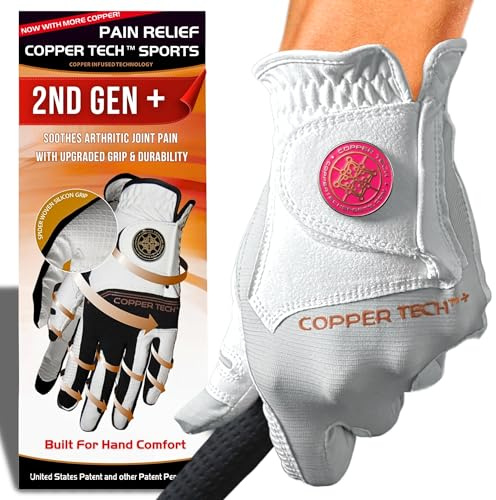 Copper Tech Plus Ladies Golf Gloves Women (2nd Gen) | Copper Compression Joint Support with Flexible & Comfortable Fit | Tacky Silicone Pad (White/White, Small, Left)