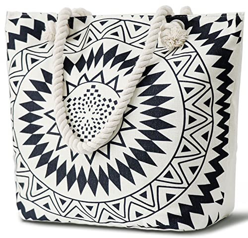 LEcylankEr Strandtasche XXL für Damen Badetasche Groß Strandtasche mit Reißverschluss Tote Bag Einkaufstaschen für Strand Reisen Schwimmbad Einkaufen (Schwarze und weiße Kreise)
