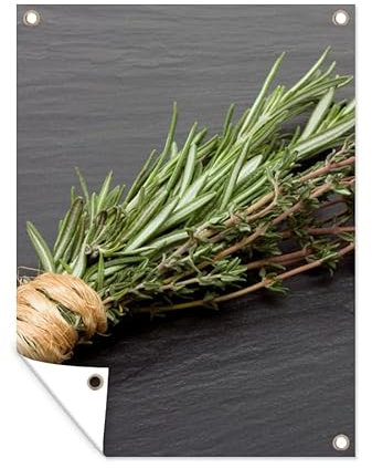 MuchoWow Outdoor-Poster Poster Wanddeko draußen Deko Garten Gartenposter 60x80 cm Thymian - Kräuter - Grün - Tisch - Küche - Stein