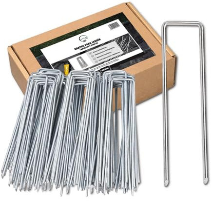 GREENGOF Grapas para Malla Antihierba, Cesped Artificial y Jardin, 100Unds - Acero Galvanizado, 15x4cm, Ø3mm - Ultra Resistentes y Anticorrosivas - Piquetas de Jardín, Anclaje al Suelo.