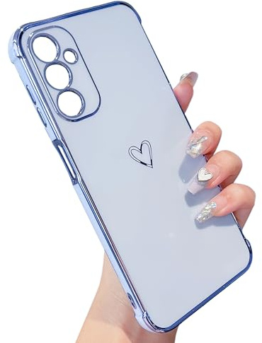 ZTOFERA Compatible with Samsung Galaxy A15 4G/5G Case for Girls Women, Flexible Soft Silicone Protective Phone Case with Cute Love Heart Pattern Golden Edging Shockproof Bumper Cover, Sierra Blue