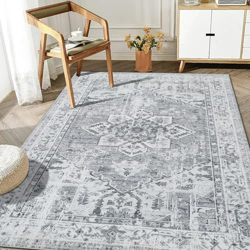 WONGS BEDDING Alfombra bohemia para salón, dormitorio, pelo corto, lavable, suave, antideslizante, diseño vintage, gris, 160 x 230 cm, YS01EA010121AZ-A