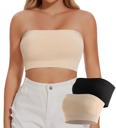 Joyshaper dam sömlös bandeau bh axelbandslös utan bygel-BH tub topp push up axellös crop top top, Svart + beige, M