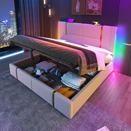 Polsterbett 180x200 cm mit Bettkasten, LED Beleuchtung, USB-Anschluss, Bett mit Lattenrost aus Holz, Hydraulisch Stauraumbett Doppelbett Bettgestell, Leinen Beige (Beige, ohne Matratze, 180×200 cm)