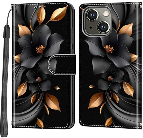 Salanheo Wallet Case for iPhone 13/14, Leaves and flowers | Card Slots, Kickstand, Shockproof, Magnetic Closure, PU Leather, Flip Wallet Book, Lanyard Strap
