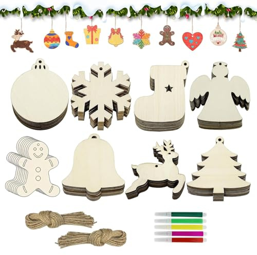 40 Stück weihnachtskugeln holzanhänger mit juteseil & 5 Marker,DIY zum bemalen und aufhängen holzanhänge, 8 weihnachtsmuster, für Weihnachten Geschenke DIY basteln, weihnachtsdeko (A)