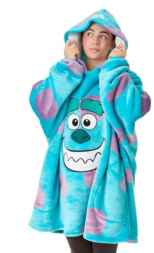 Disney Monsters Inc Unisex Wearable Blanket Hoodie | Adults Hooded Pullover in Blue with Sulley Character Face and Fur Pattern | One Size Sherpa Lined Hooded Loungewear with Pockets for Men & Women